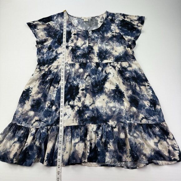 Passport Blue Tie Dye Ruffle Hem Dress 3X Rayon Short Sleeve Button Front Boho - Picture 8 of 8